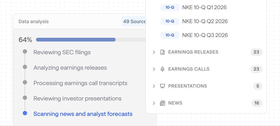 Data analysis across SEC filings, earnings releases, call transcripts, investor presentations, and calendar events